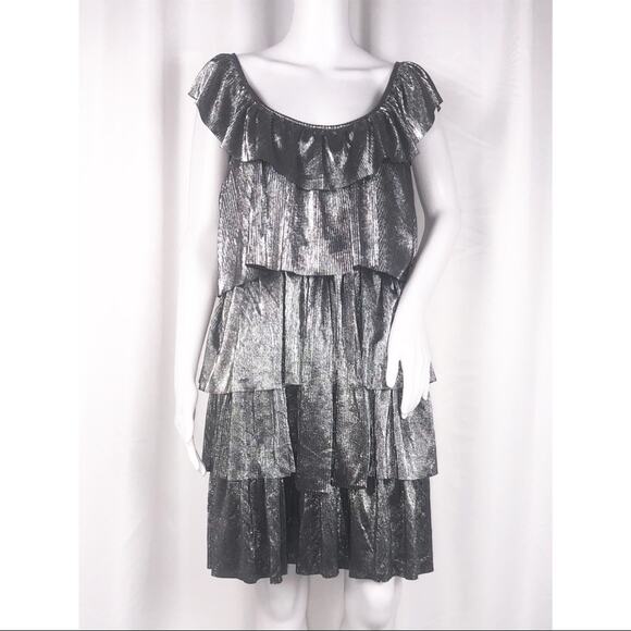 Michael xMichael Kors Metalic Silver Ruffles Tiered Flutter Sleeves Mini SzL NWT - Picture 1 of 16